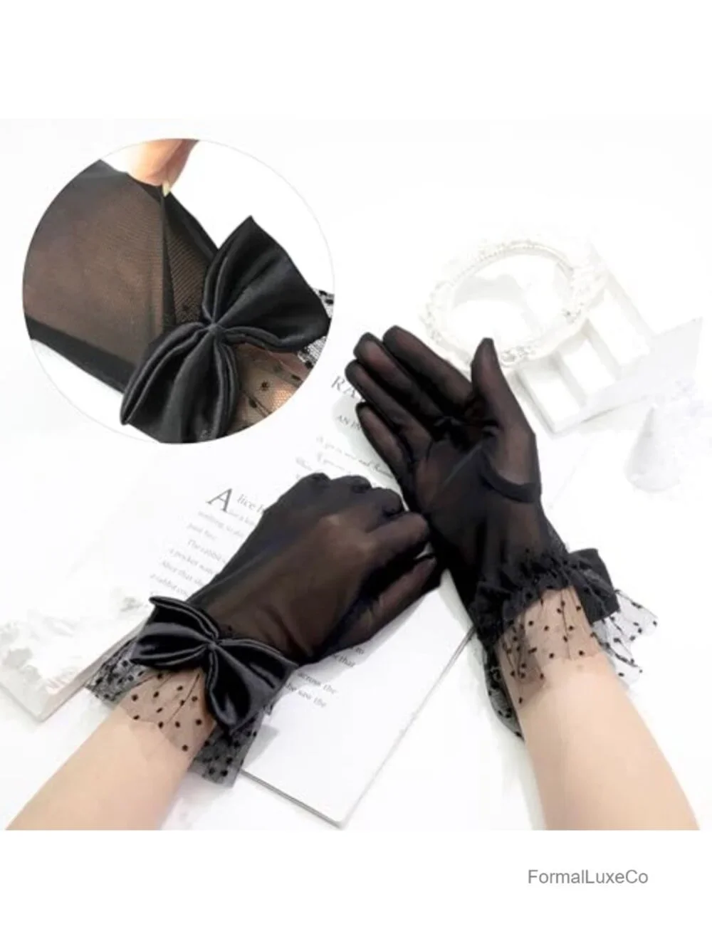 Sheer Lace Gloves with Bow Short Mittens Wedding Tea Party Accessories